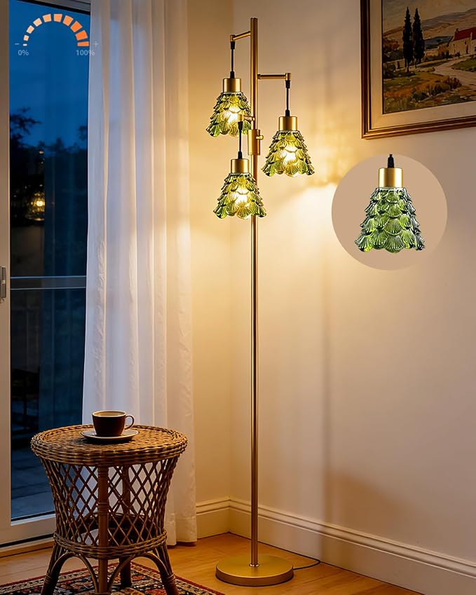 Lightdot 67" Green Glass Floor Lamps for Living Room 3-Light Dimmable Floor Lamp with Glass Shade& Bulbs Included, Mid Century Standing Tall Lamp with 5Lbs Heavy Base for Bedroom/Sofa Beside-Gold
