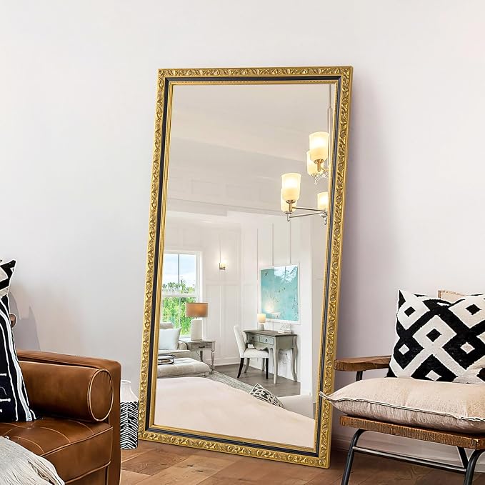 Large Vintage Decorative Mirror for Wall, 52'' x 28'' Gold Antiuqe Living Room Mirror with Black Gold Frame, Traditional Vintage Gold Wooden Mirrors, Horizontal/Vertical