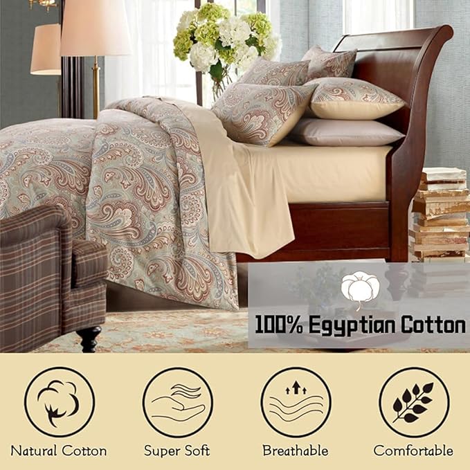 VM VOUGEMARKET Gold Duvet Cover Set King with Paisley Prints,100% Sateen Egyptian Cotton 3 Pieces Boho Damask Medallion Bedding Set,Luxury Elegant Duvet Cover with Button Closure-King,Golden