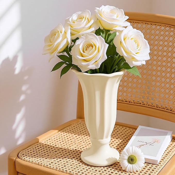 10 Inch Minimalist Fluted Ceramic Vase for Flowers, Farmhouse Cream White Flower Vase with Pedestal Base, Tall Decorative Vases for Home Decor, Living Room, Dining Table, Centerpiece, Wedding