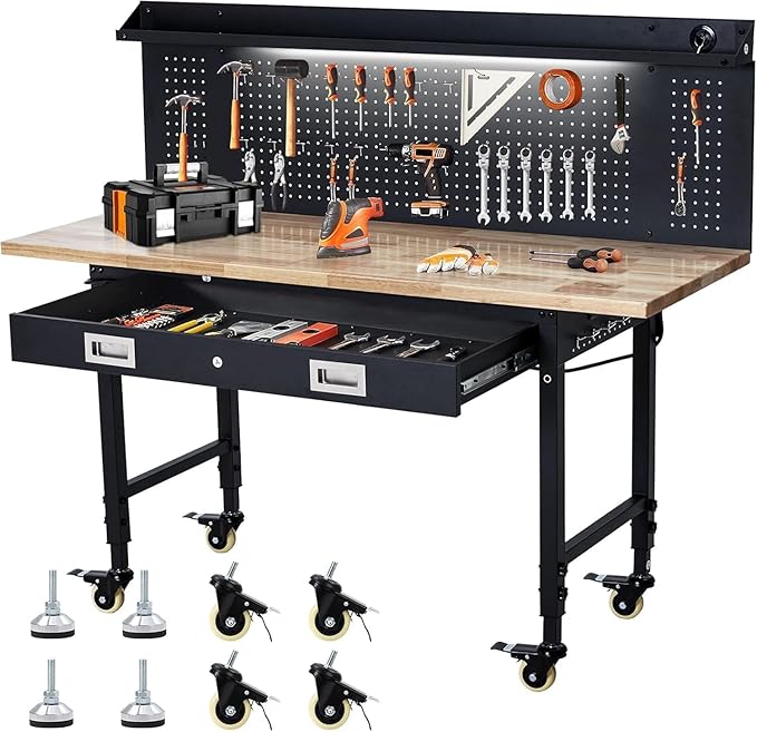 TrailBlaze 60"x 22" Workbench with Drawer Storage, Heavy Duty Workstation with Backplate & Light Strip, Multipurpose Rubber Wood Shop Table with Power Outlets, Hooks -2000LBS Load Capacity