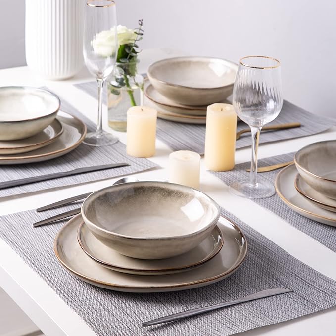 AmorArc Ceramic Dinnerware Sets,Handmade Reactive Glaze Stoneware Plates and Bowls Sets,Highly Scratch Resistant | Dishwasher & Microwave Safe Dishes Set,Service for 4 (12pc)