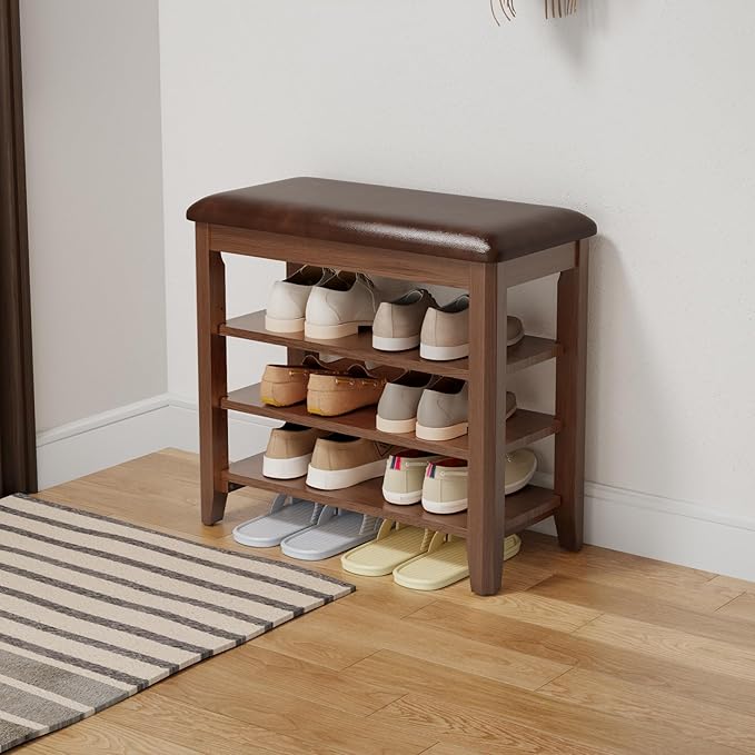 AQIMUELE Shoe Bench with Leather Cushion, 3 Tiers Shoe Storage Bench Height Adjustable, Walnut Wood Entryway Bench for Hallway, Mudroom