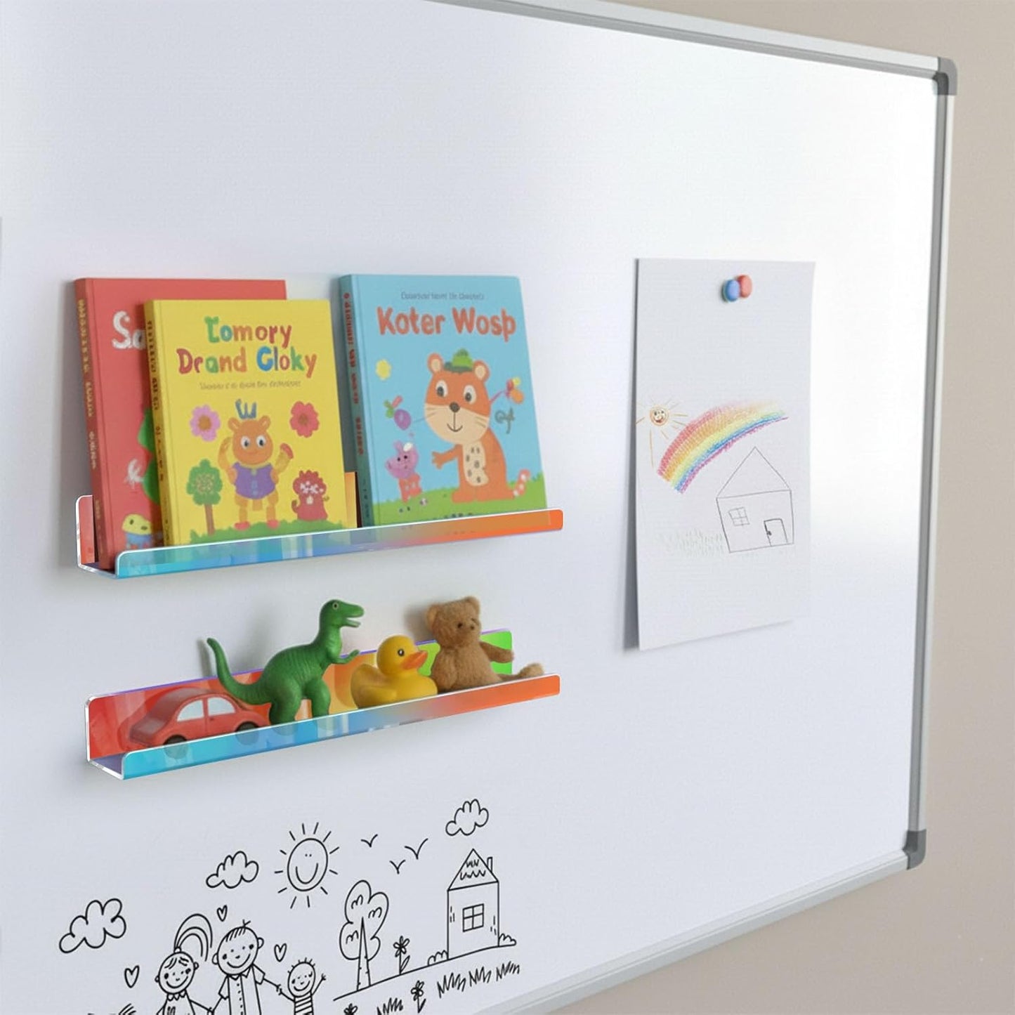 Skiennix Magnetic Book Shelf - Strong Adsorption Reusable Acrylic Display Holder | 2 Pcs Iridescent for Classroom & Office