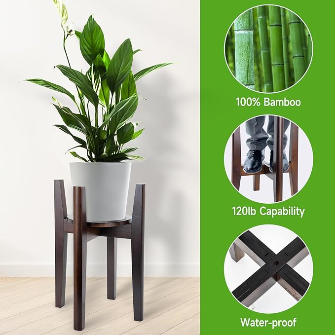 2 Packs Adjustable Plant Stand with Tray,Indoor Wood Plant Stand Fit 8'' to 12'' Planter,Mid Century Modern Flower Pot Holder Rack(Plant and Pot Not Included) Walnut