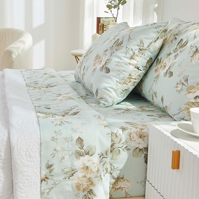 Brandream French Country Garden Toile Floral Print Bed Sheet Set Luxury Bedding 800 Thread Count 100% Egyptian Cotton Deep Pocket Tapestry Pattern Chinoiserie Peony Blossom Tree, 4Piece-King Size