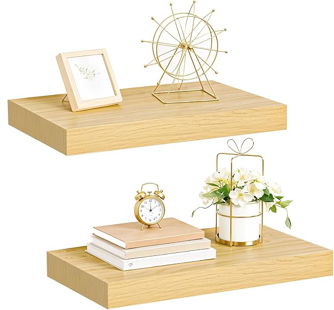 HOOBRO Floating Shelves for Wall, Wall Mounted Shelf Set of 2, 15.7" Hanging Shelf with Invisible Brackets, for Wall Decor Storage in Bathroom Bedroom Kitchen Living Room Office, Natural NL40BJ01