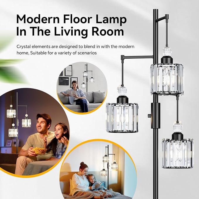 Black Tree Floor Lamp with 3 Crystal Cage Lampshades & Dimmable Bulbs - 70" Vintage Glam Standing Lamp for Living Room Bedroom, Industrial Modern Decor with Crystal Ball Accents (Matte Black)