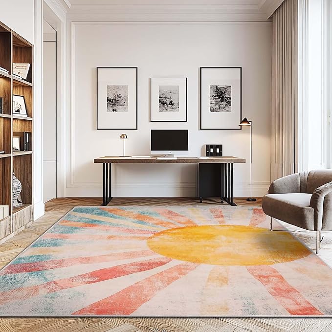 9x12 Boho Sun Area Rug Retro Orange Yellow Blue Beige Bedroom Rug Low Pile Thin Large Carpet Living Room Non Slip Dining Room Stain Resistant Office Washable Machine Classroom