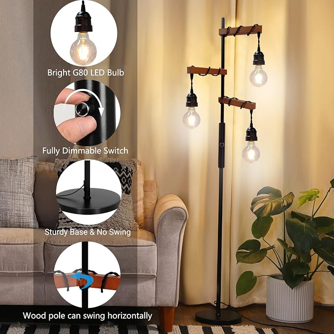 Dimmable Industrial Floor Lamp,Modern Farmhouse Tree Standing Lamps for Living Room Bedroom Office Rustic Home Decor