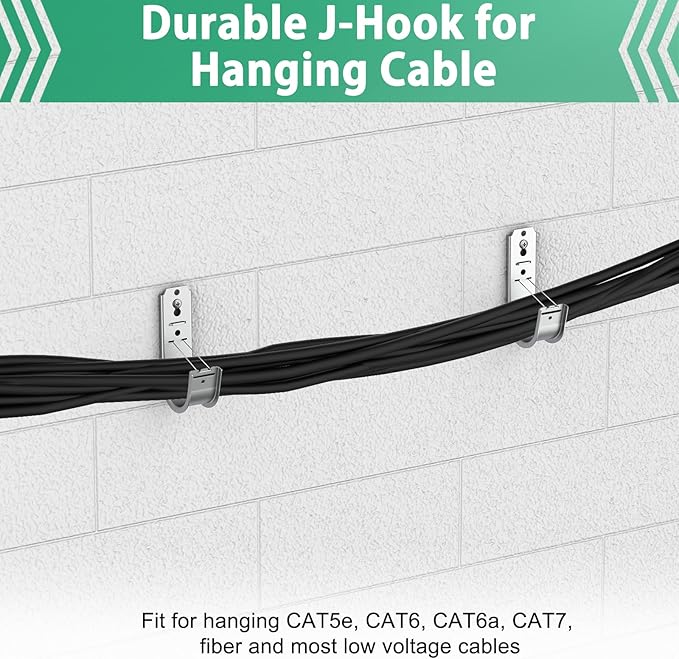IRENPORU 100 Pack 2 Inch Cable Support J Hook Wall Mount J Hook with Retainer Clip, Galvanized Steel for Cable Management & Organization Solution