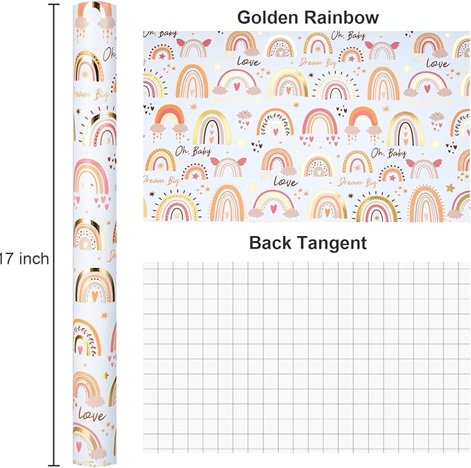 Burymento Rainbow Wrapping Paper, Boho Gold Foil Themed Gift Wrap for Birthday, Valentines, Mothers day, Graduation, Wedding, Fathers day, Baby Shower, Christmas (17 IN x 32.8 FT)