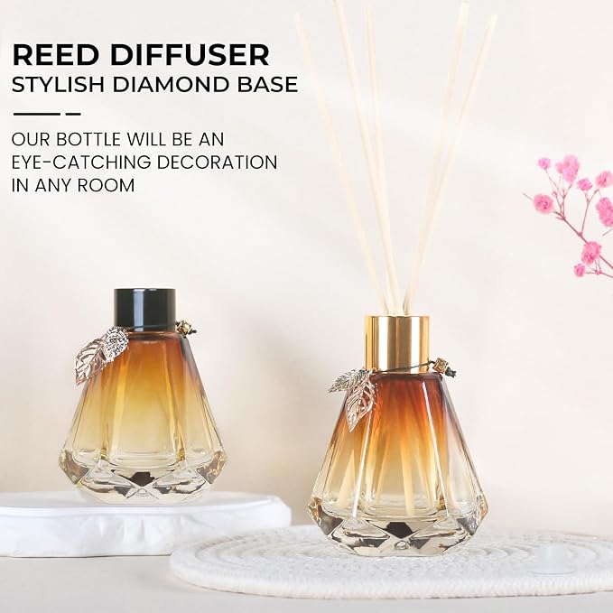 Reed Diffuser, Reed Diffuser Empty Bottles with 20pcs Reed Diffuser Sticks, Delicate Gold Leaf Decor, Glass Fragrance Diffuser Set with lids for Home… (Black+Gold, 4PCS)