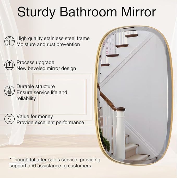 POZINO Beveled Bathroom Mirror, 40"x24" Oblong Vanity Mirrors with Stainless Steel Frame, Brushed Gold Rectangle Wall Mirror for Entryway Bedroom Hallway Living Room, Hangs Vertically or Horizontally