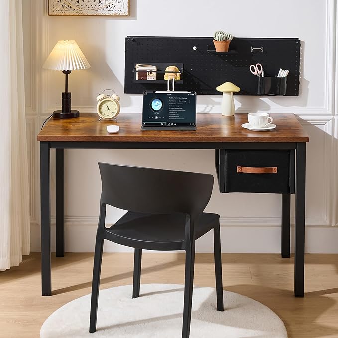 Computer Desk with Drawer, 47 Inch Home Office Work Desks, Modern Writing Study PC Desk Gaming Table for Small Place Bedroom, Thickened Tabletop and Stable Metal Frame Leg（Rustic Brown）