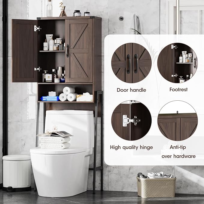Vabches Over The Toilet Storage Cabinet with 2-Door Design Bathroom Organizers and Storage with Anti-Tip Device Over Toilet Organizer with Shelves for Bathroom,Restroom,Laundry Espresso