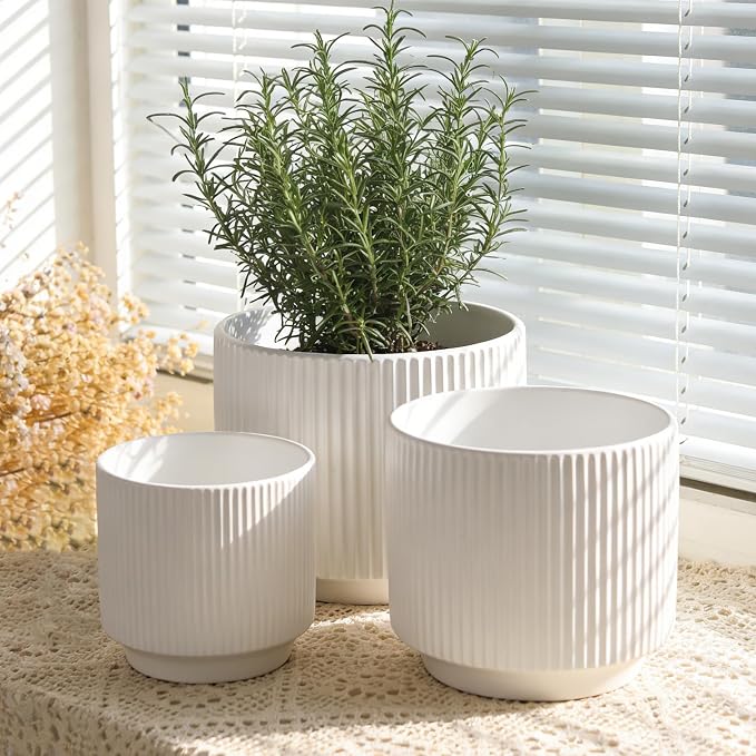 Oakrain Plant Pots Set of 3 with Vertical Stripes 7.8/6.5/5.2 inch, Modern Decorative Planters for Indoor Outdoor Plants, Garden Flower Pot with Drainage Holes, Ceramic White