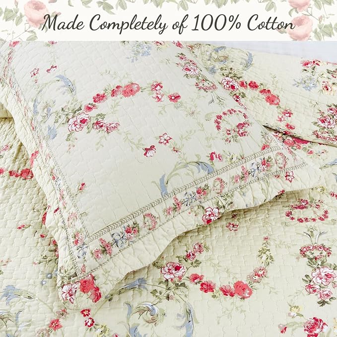 Cozy Line Home Fashions Khaki Cream Yellow Floral Blooming 100% Cotton Reversible Quilt Bedding Set Coverlet Bedspread (Rose Romance, King - 3 Piece)