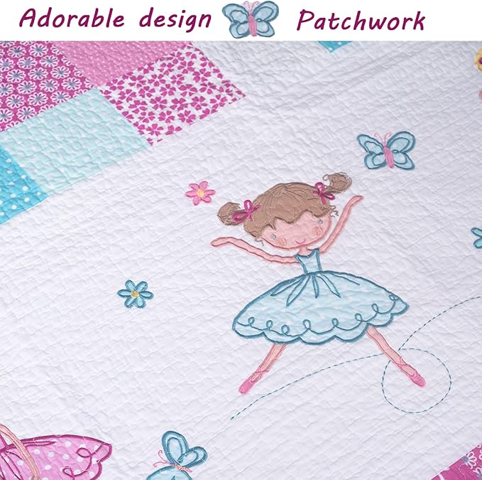 Cozy Line Home Fashions Ballerina Dance Princess Girl 100% Cotton Reversible Bedding Quilt Set, Bedspread Coverlet for All Seasons (Pink Embroidered, Twin - 2 Piece)