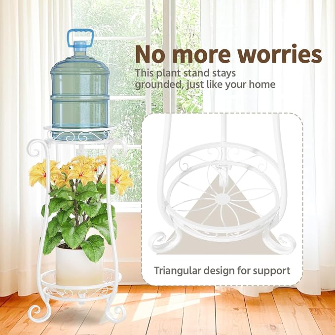 LASZOLA 2 Tier White Metal Plant Stand for Multiple Large Planters Indoor Outdoor Organizer, Heavy Duty Tall Flower Stand for Corner Patio Bathroom Office, Modern Sturdy Vertical Iron Rack, Cat Proof