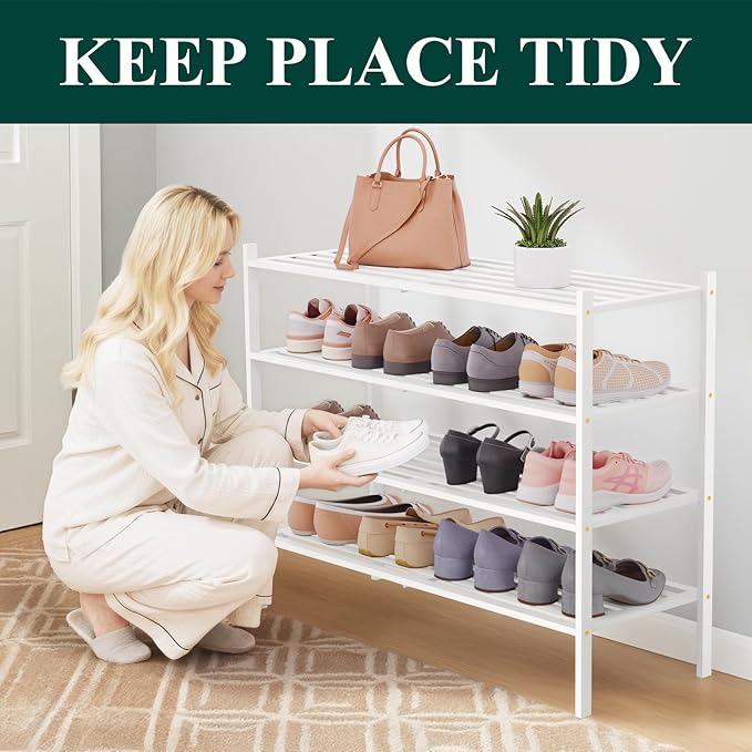 Smiry Long Bamboo Shoe Rack 4-Tier, Stackable Wooden Shoe Organizer for Entryway & Closet, Free Standing Wood Shoe Storage Shelf for Front Door & Small Spaces, White