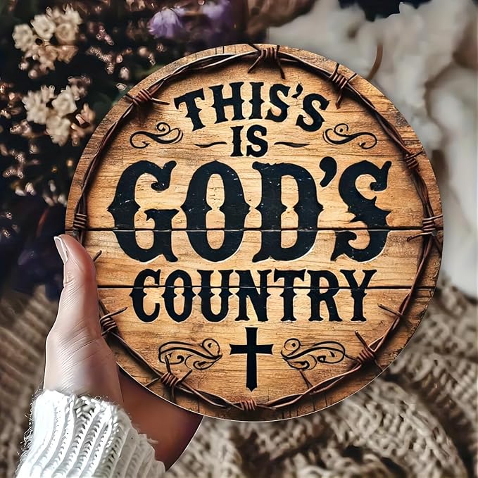 God's Country" Round Metal Wreath Sign - 8x8 Inches, Rust-Proof & Waterproof, Perfect for Home, Office, or Coffee Shop Decor, Bedroom Decoration,Stylish Simple, Perfect for Room Decor