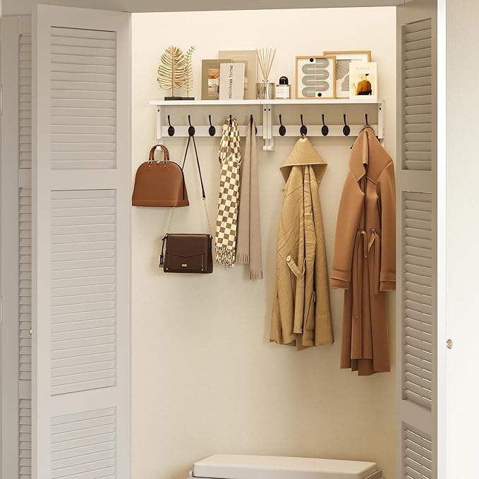 AMBIRD Coat Rack Wall Mount with Shelf, Coat Hook Rack Wall Mounted, Hat Wall Hooks for Hanging in Entryway, Living Room, Bathroom, Bedroom (White)