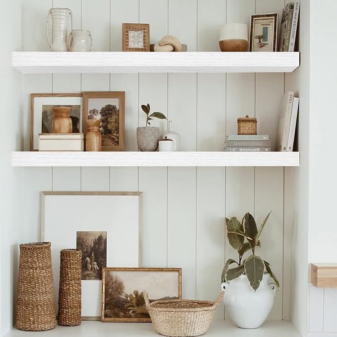 QEEIG Floating Shelves for Wall 35.4" Long - Wall Mounted Shelf Bathroom Kitchen Living Room Bedroom Farmhouse Home Decor Display Bookshelf Large 35.4 x 9.3 inch Set of 2, White (008-90W)