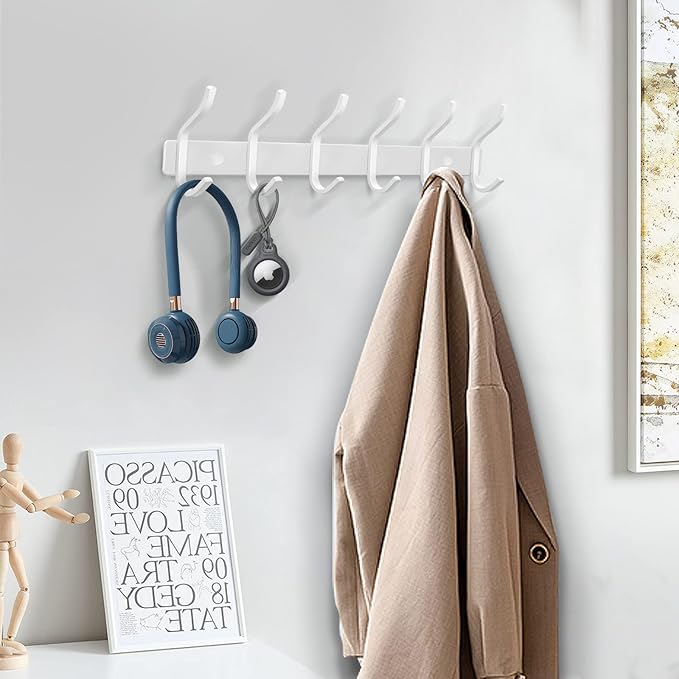 HAMUTH White Wall Hooks Heavy Duty, 17 Inch Coat Hooks Wall Mount with 6 Hooks,2 Packs Wall Hooks Hangers for Entryway, Bathroom - for Hanging Backpack, Bag, Coat, Purse, Hat, Towel, Clothes
