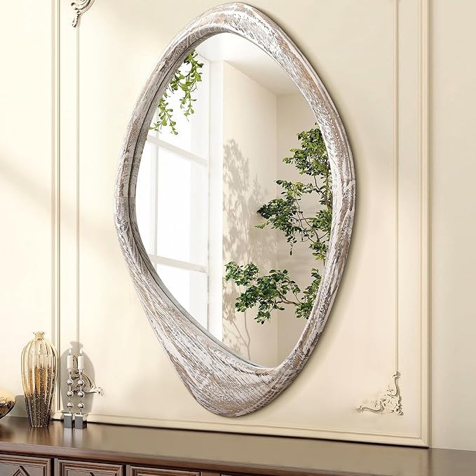AAZZKANG Irregular Wall Mirror Wooden Large 24"x16" Asymmetrical Decorative Rustic Hanging Mirrors for Bedroom Dressing Room Living Room Bathroom Entryway White