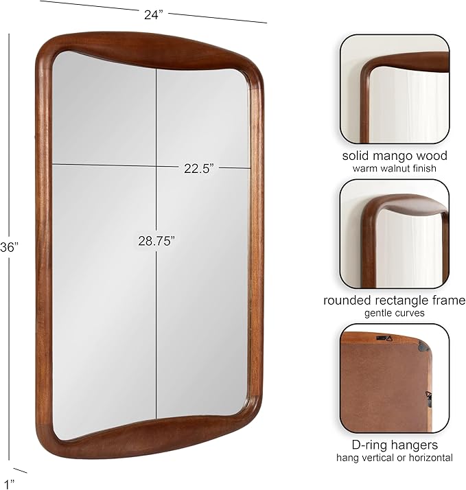 Kate and Laurel Hera Modern Rounded Rectangle Wall Mirror, 24 x 36, Walnut Brown, Decorative Mid-Century Rectangular Wall Decor for Use as Bathroom Mirror for Over Sink or Entryway Decor Piece