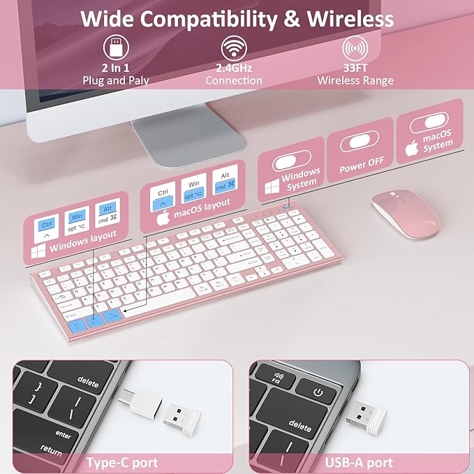 Wireless Keyboard and Mouse, GALENMORO Silent Quiet Combo Low Profile USB C Full Size Compact with Number Pad Flat Soft Touch Cordless for Mac Computer PC Laptop MacBook iMac Office - Pink Rose Gold