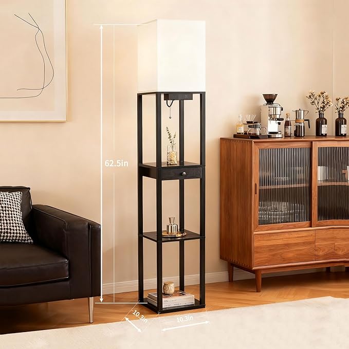 Shelf Floor Lamp with 1 Drawer,2 USB-C Ports,1 AC Outlets, Modern Wood Floor Lamp with Storage, Corner Display Standing Lamp for Living Room, Bedroom, Office