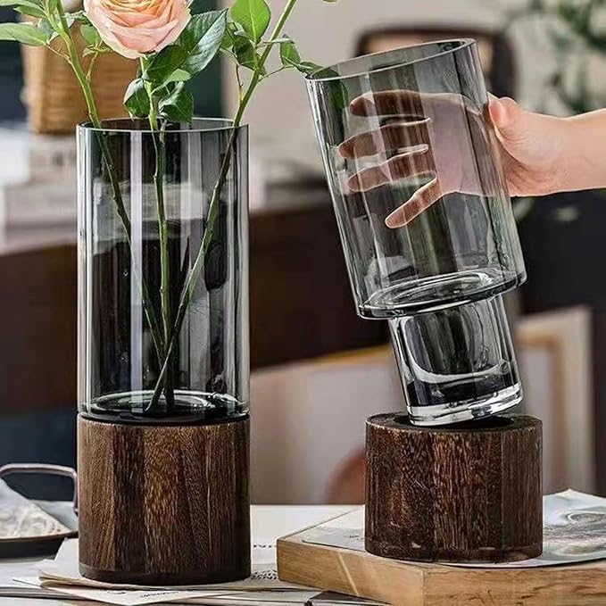 1 PC Simple Creative Wooden Glass Vase Dry Vase Hydroponic Wooden Base Cylindrical Flower Classic Boho Rustic Style for Decoration(Smoky Grey)