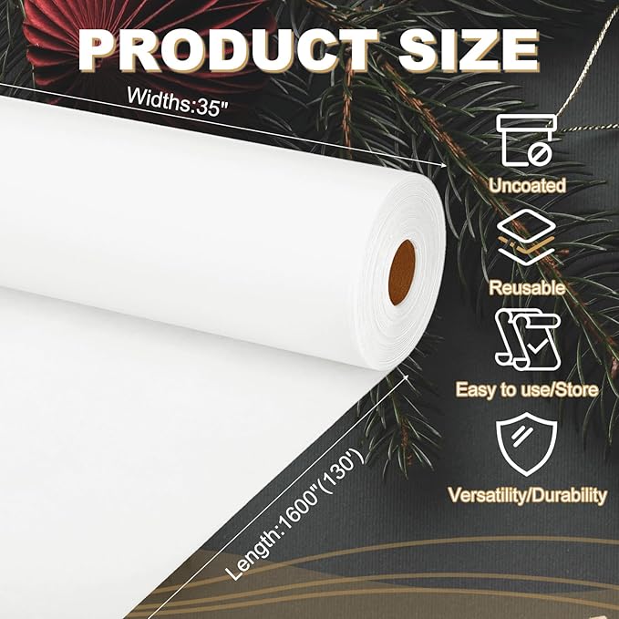 PATIKIL Wrapping Paper, 35"x1600"(130') Bulletin Board Paper Roll Kraft Paper Roll Construction 80GSM for Shipping Packing Gift Wrapping Craft Flower Bouquet Christmas, White
