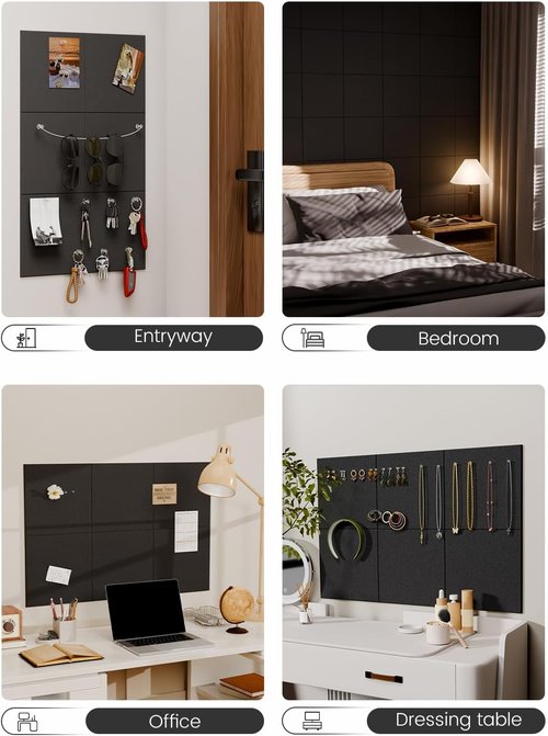 Fluxynara Felt Bulletin Board Tiles - 28"x18" Stylish Cork Board Alternative | 6-Pack Black Wall Organizer