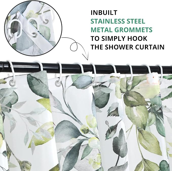 Sage Green Eucalyptus Shower Curtain, Watercolor Leaves Plant Spring Floral Waterproof Fabric Machine Washable with Hooks for Bathroom Bathtub Decor 72x72