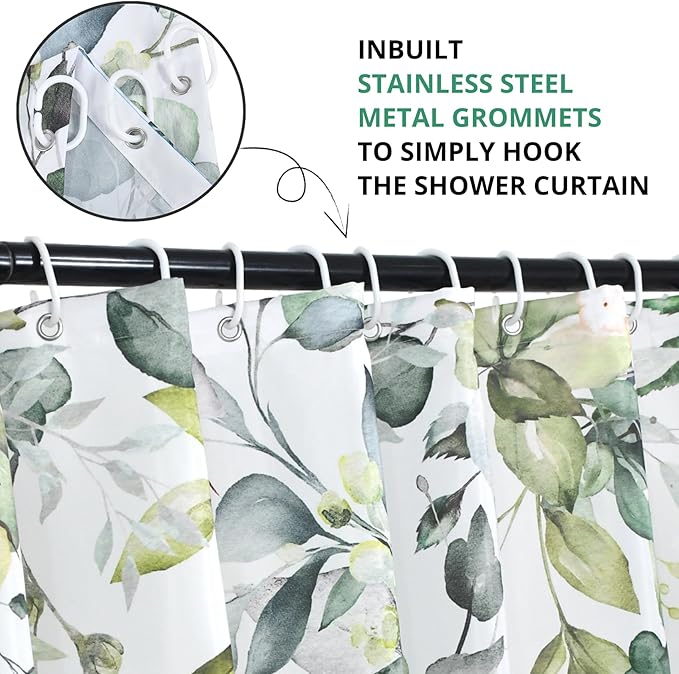 Sage Green Eucalyptus Extra Long Shower Curtain, Watercolor Leaves Plant Spring Floral Waterproof Fabric Machine Washable with Hooks for Bathroom Bathtub Decor 72Wx84H