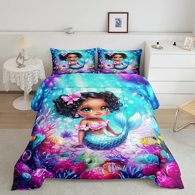 Cute Mermaid Comforter Set King Size,Reversible Cute Girl Fish Scale Print Black Bedding Set All Season Quilt Set,African Style Cartoon Fairy Tale Theme Microfiber Polyester Down Comforter