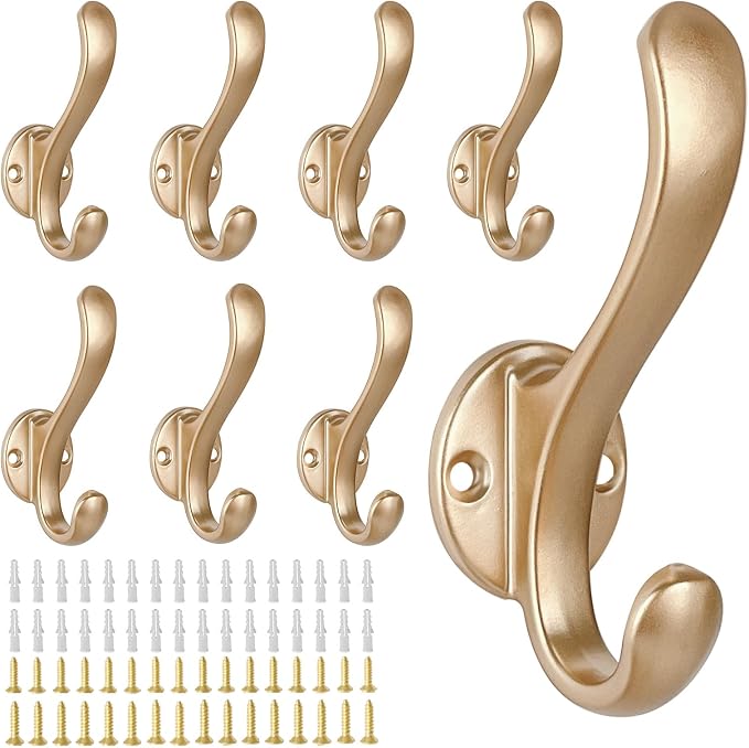8 Pack Coat Hooks Wall Mount Heavy Duty Utility Retro Double Hooks for Hanging Coats,Hat, Towel, Key, Robe, Scarf, Bag, Cap (Gold)