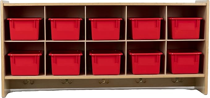 10 Section Wall Mounted Storage Cabinet with Red Trays, Montessori Playschool Furniture, Hardwood Cubby Wall Shelf for Homeschool Supplies [Birch Plywood]