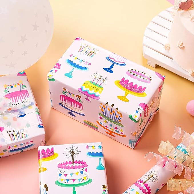 WRAPAHOLIC Birthday Wrapping Paper Roll - Mini Roll - 17 Inch x 16.5 Feet - Gold Foil Colorful Cake Wrapping Paper Perfect for Birthday, Holiday, Party, Baby Shower