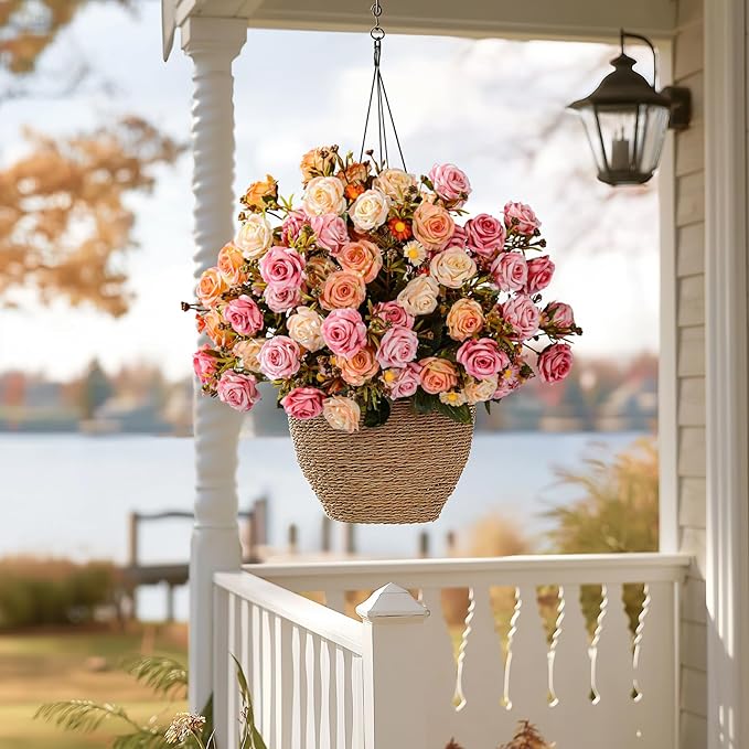 Artificial Rose Flowers for Outdoor 4 Bundles Rose Bouquet with Daisy Faux Flowers UV Resistant for Home Indoor Outside Garden Porch Window Box Balcony Yard Porch Fall Decor (Pink+Orange)