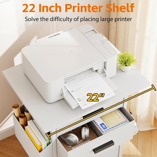 Mexin 3 Drawer File Cabinet - Mobile Printer Stand with 24'' Extended Desktop | White Fabric Drawers