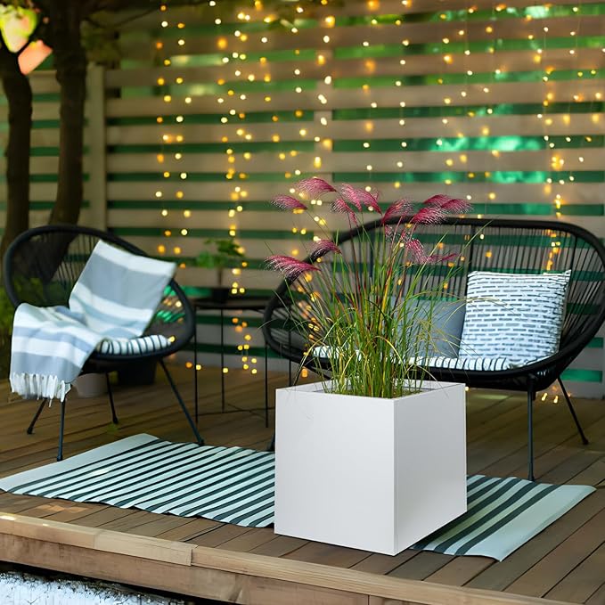White Steel Planter Square Outdoor Planters Galvanized Steel Planter Box 24 Inch Indoor Metal Large Planters Cube Heavy Duty Flower Pot Modern Commercial Residential for Trees Patio Yard Garden