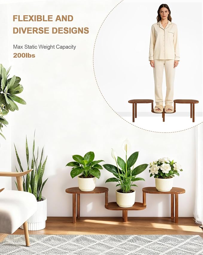 Concave Wooden Plant Shelf Indoor, 3 Tiers Deformable Oval Plant Stand, Heavy Duty Long Flower Pot Stand for Multiple Plants, Low Plant Holder for Patio Balcony Living Room Office