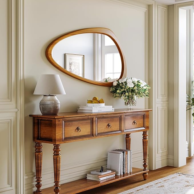 Mid Century Modern Mirror, 28x48 Inch Irregular Wall Mirror, Asymmetrical Wall Mirrors with Pine Wooden Frame for Living Room Bedroom Bathroom Entryway Hangs Horizontally or Vertically