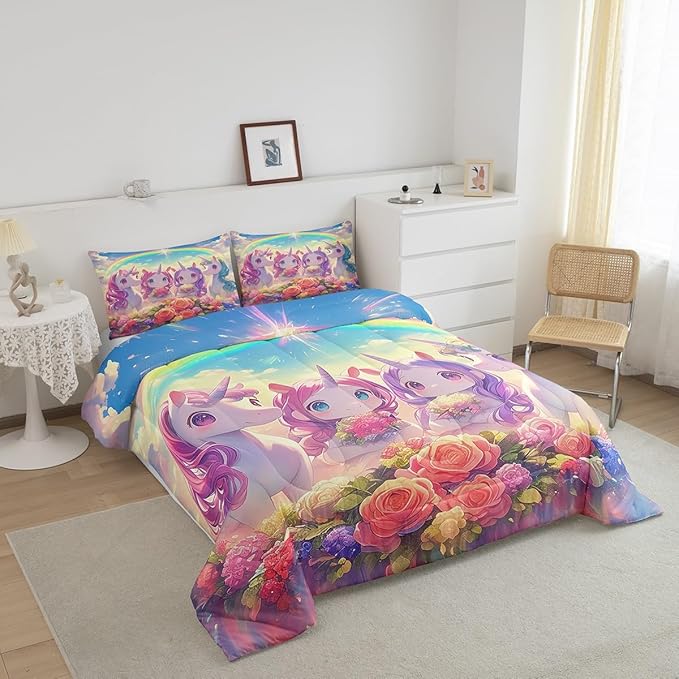 Castle Fairy Kawaii Unicorn Comforter Set King Size,Cartoon Cute Unicorn Horse Animal Reversible Bedding Set All Season Quilt Set,Stars Rainbow Watercolor Flowers Microfiber Polyester Down Comforter