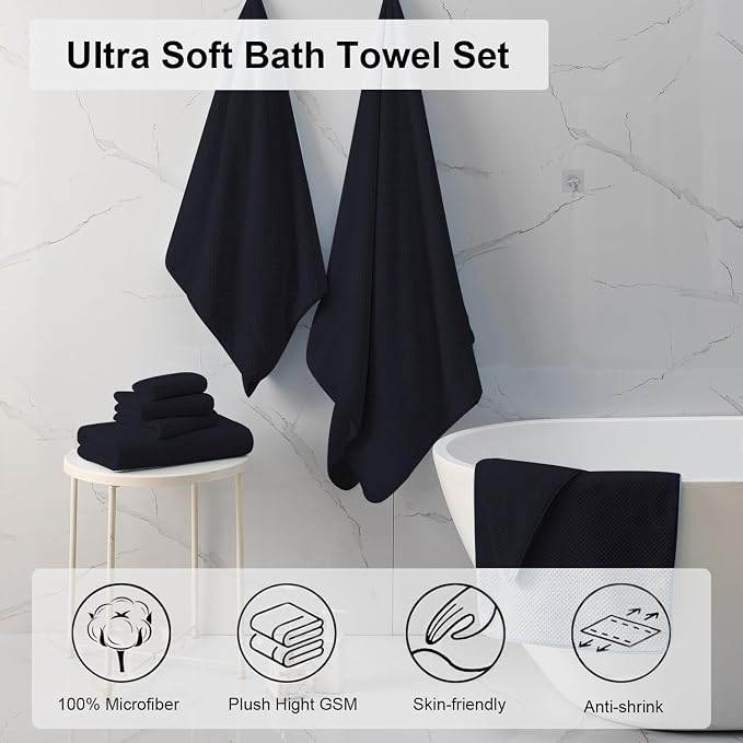 2 Pcs Black Hand Towel Set 16"x31" Soft Highly Absorbent Quick Dry Bathroom Towels Polyester Plush Towels Set Woven Towels for Bathroom Kitchen Hotel Spa Gym