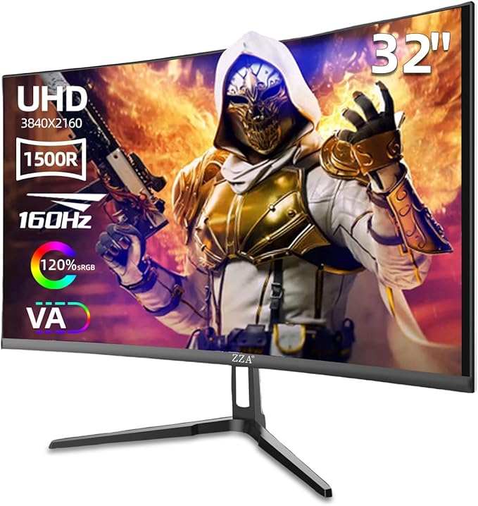 ZZA 32" Curved Gaming Monitor, 4K UHD (3840 x 2160) VA Display, 1500R Immersion, 144Hz/160Hz Refresh Rate, Advanced Computer Screen, Supports AMD FreeSync Premium, 120% sRGB Color Gamut,HDMI 2.1/DP1.4